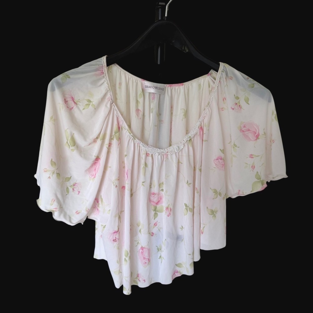 Y2K Coquette‎ Pink Rose Floral Lace Trim Flutter Sleeve Raw Hem Top Womens